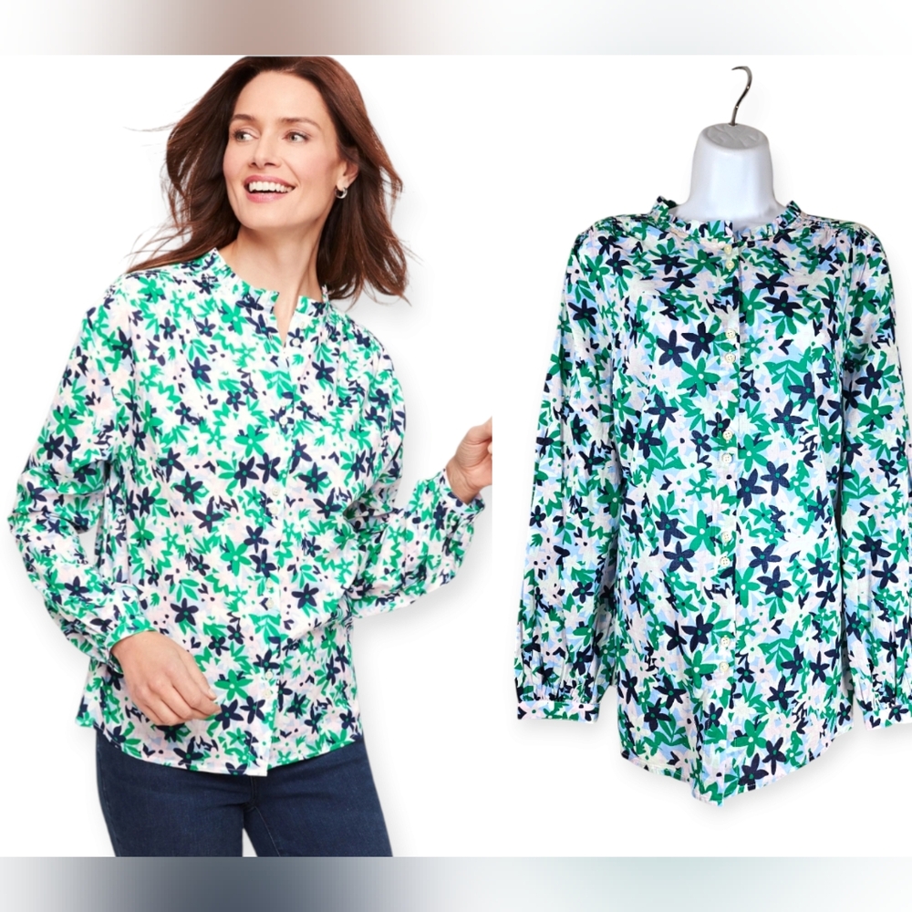 NWOT Talbots white green blue pink floral blouse top Womens Medium